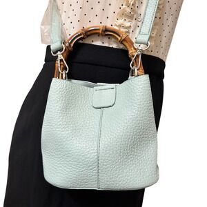 Bamboo Handle Faux Leather Bucket Bag, Removable Strap,‎ Crossbody, Mint Green